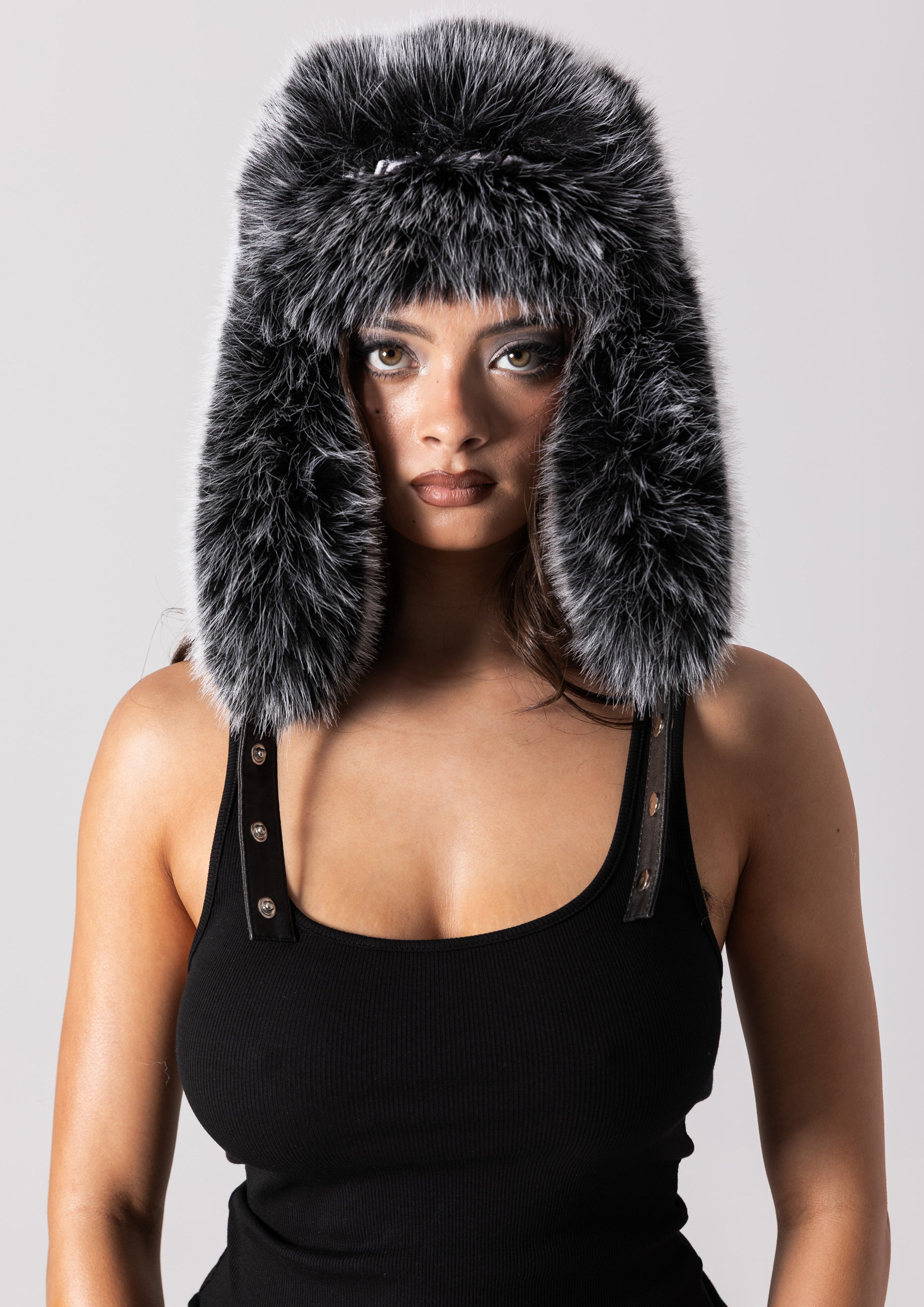 Silver Fox Furry Trapper Hat Leather Silver Fox Fur Trapper Hat