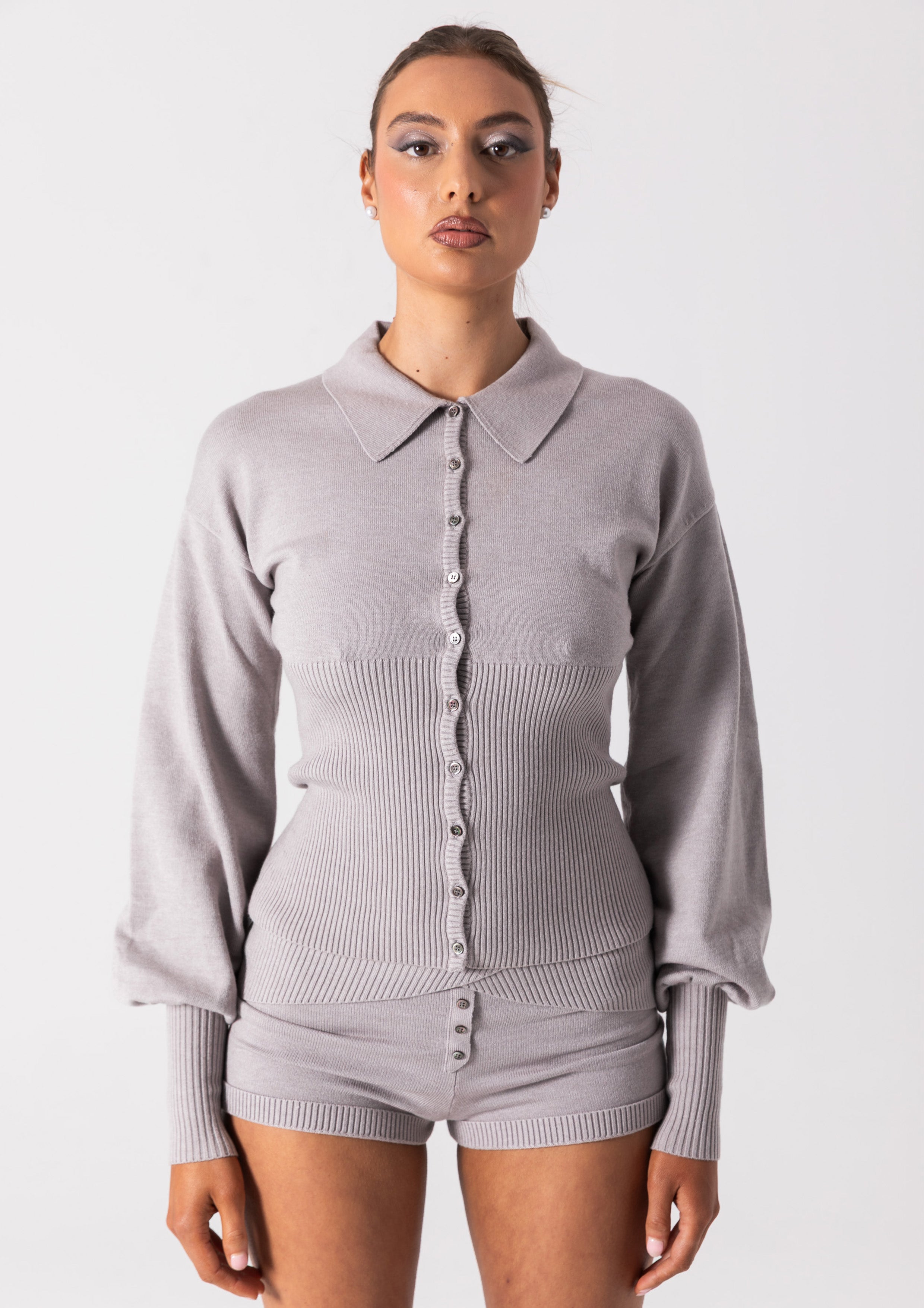 DAPHNE KNIT BUTTON UP - GREY