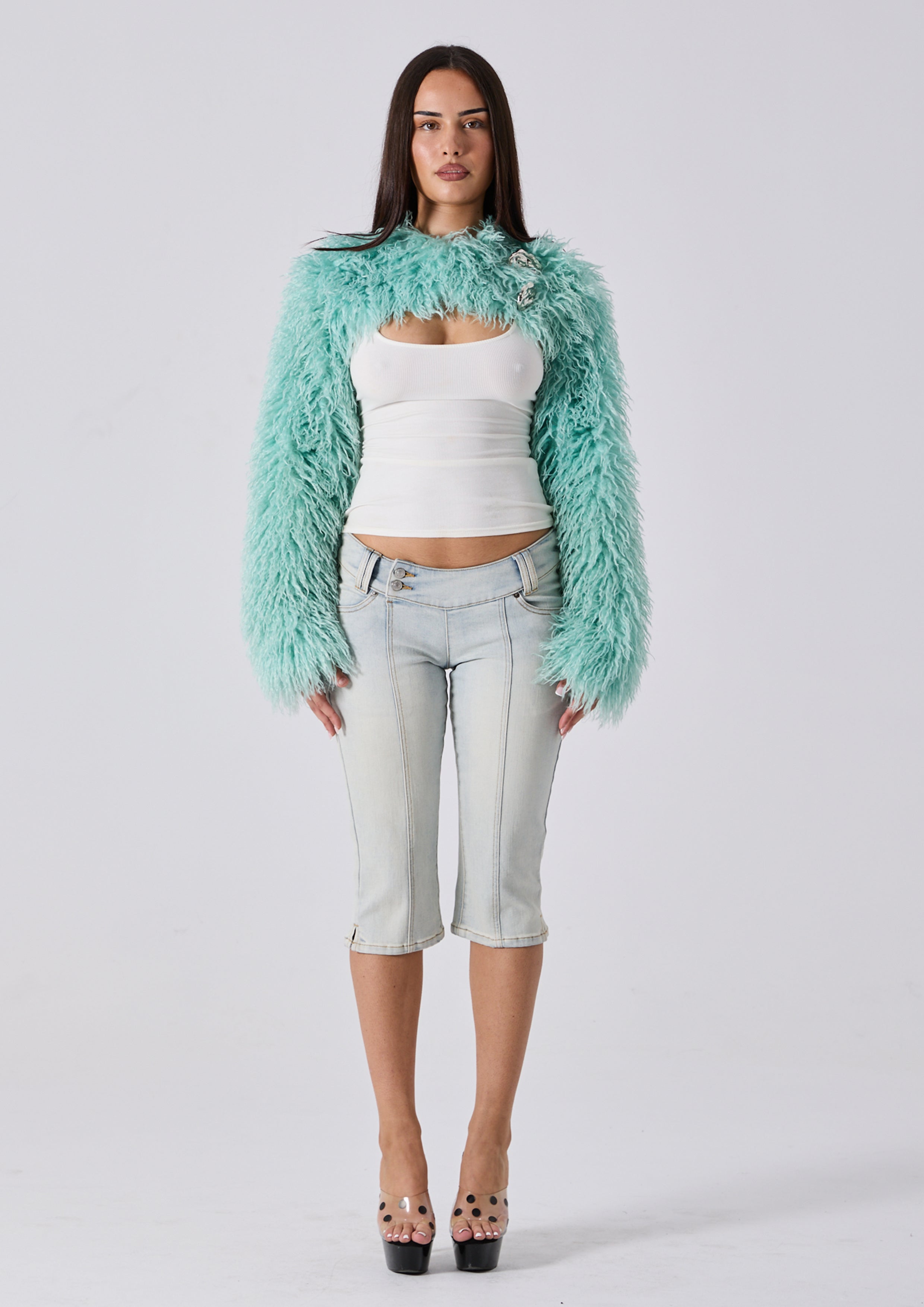 YAZMINE FAUX FUR SHRUG - TURQUOISE