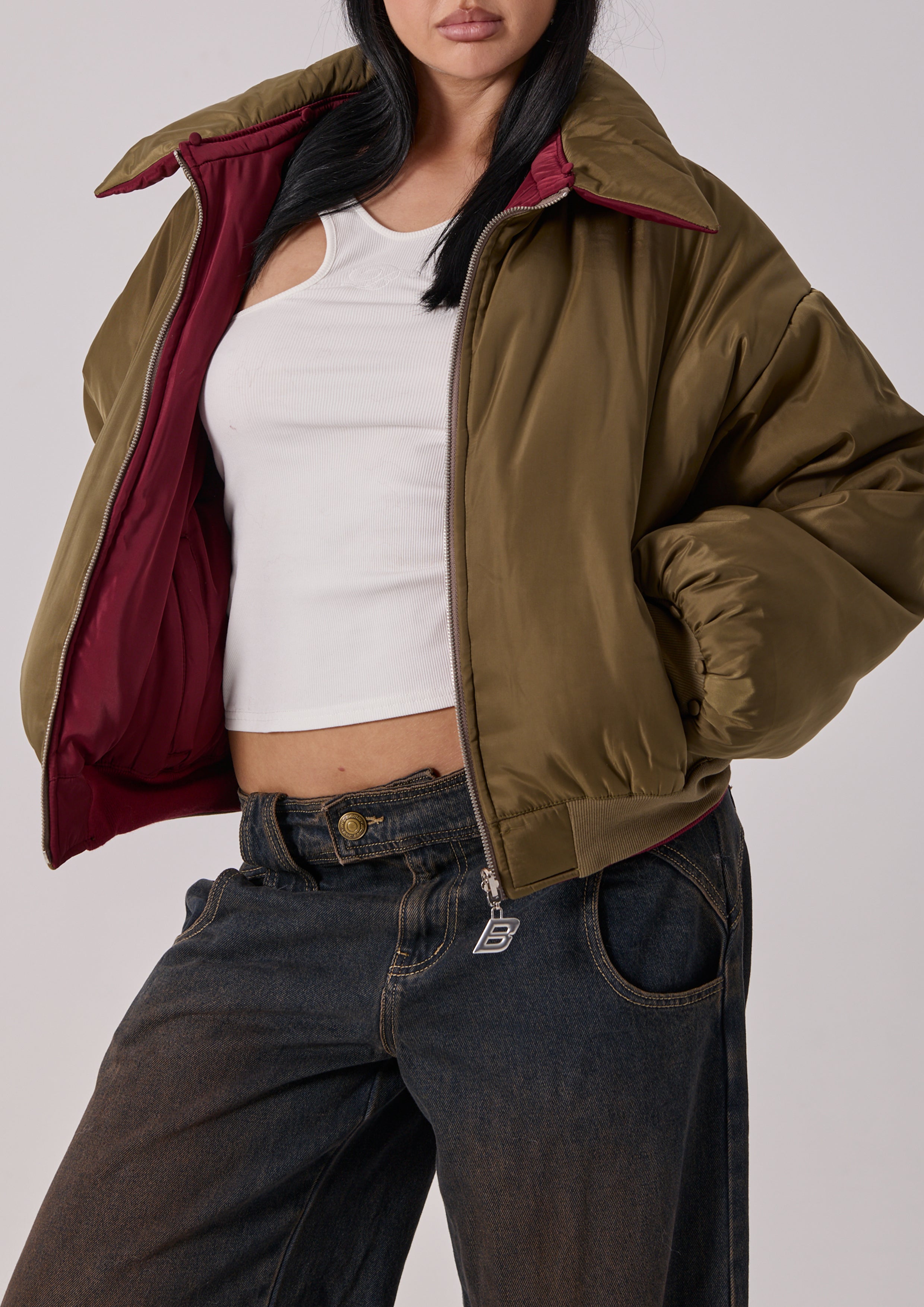 REVERSIBLE MARNI BOMBER - KHAKI / BURGUNDY – Bye Bambi