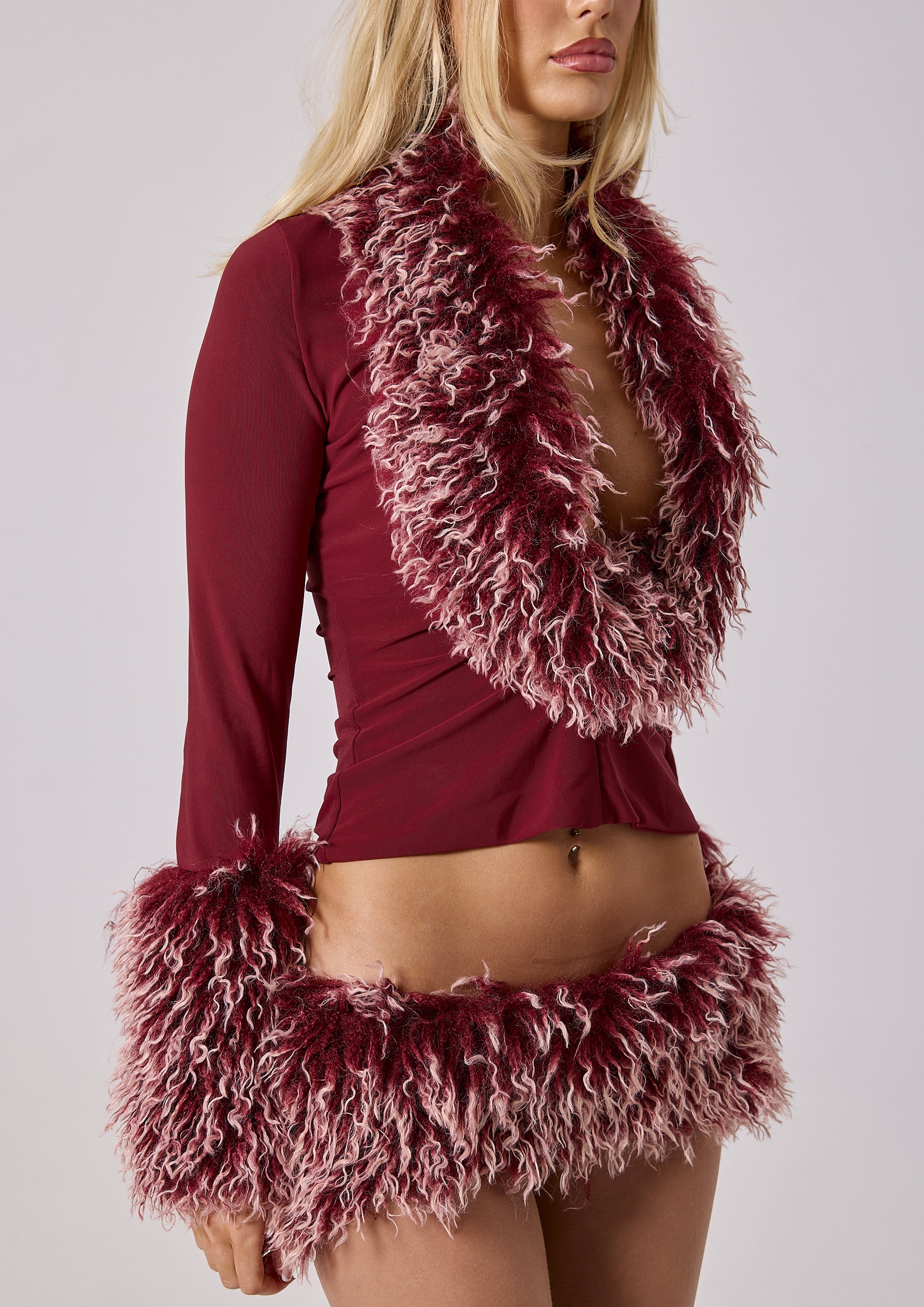 SABRINA FAUX FUR TOP - BURGUNDY