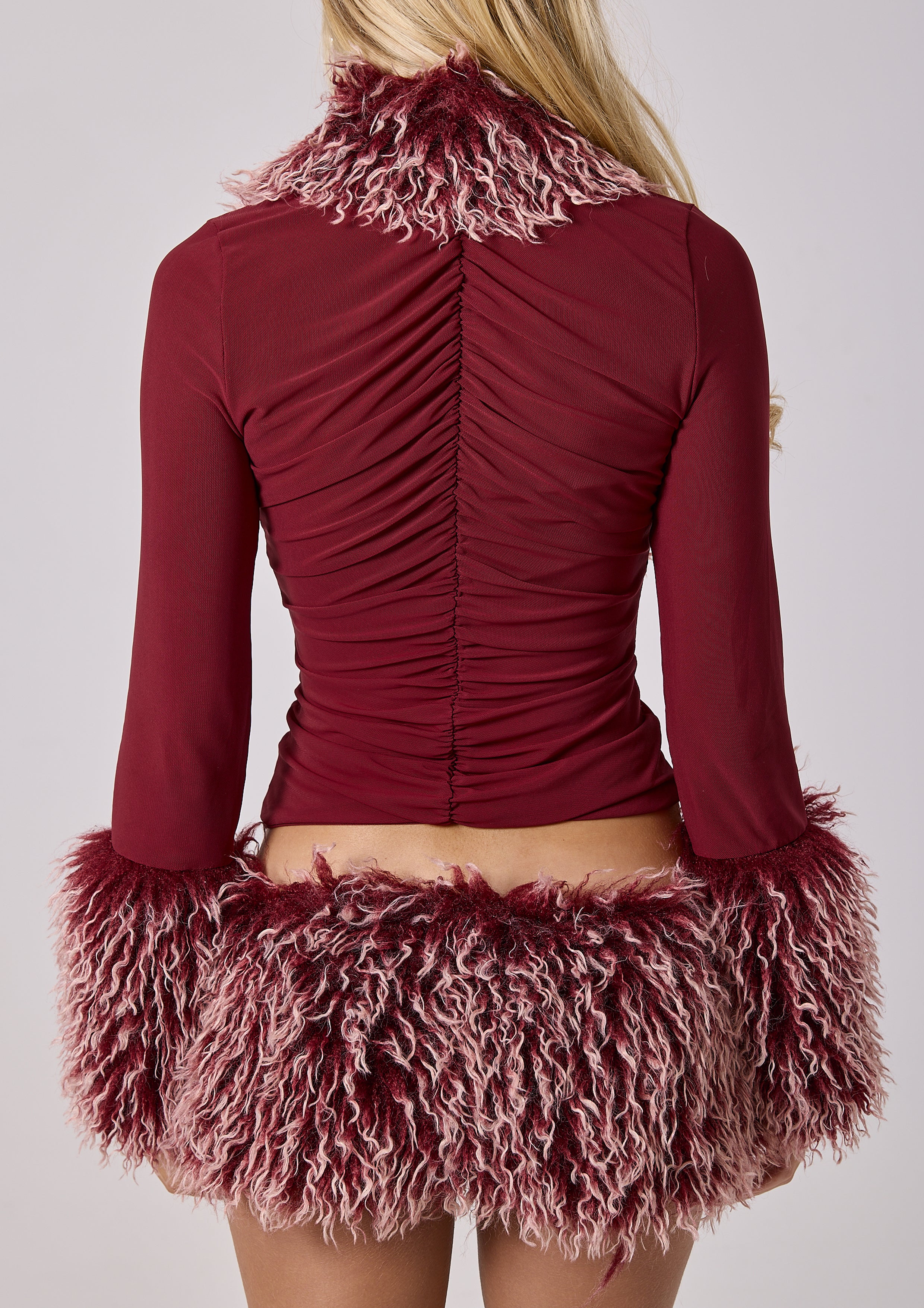 SABRINA FAUX FUR SHORTS - BURGUNDY