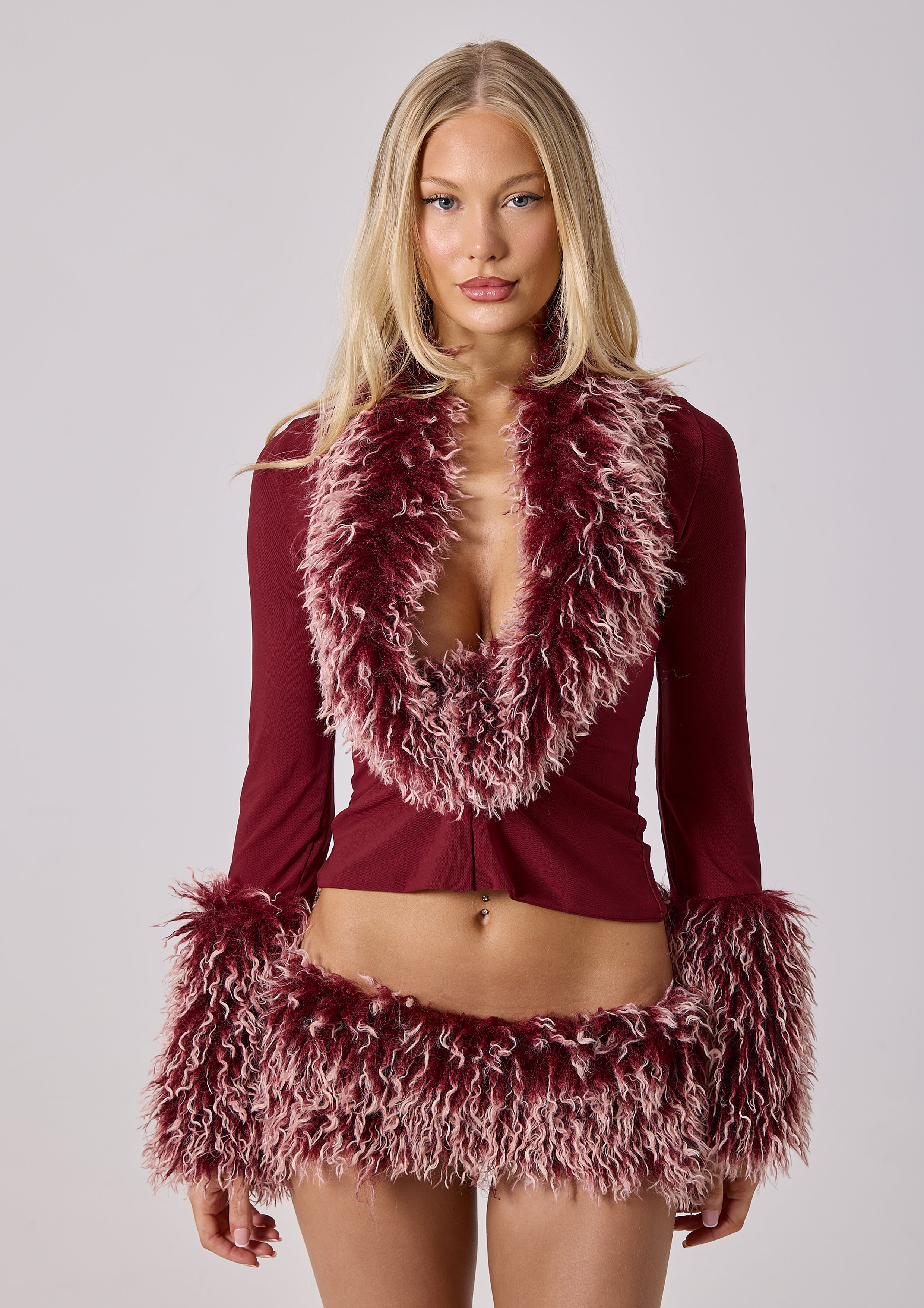 SABRINA FAUX FUR TOP - BURGUNDY