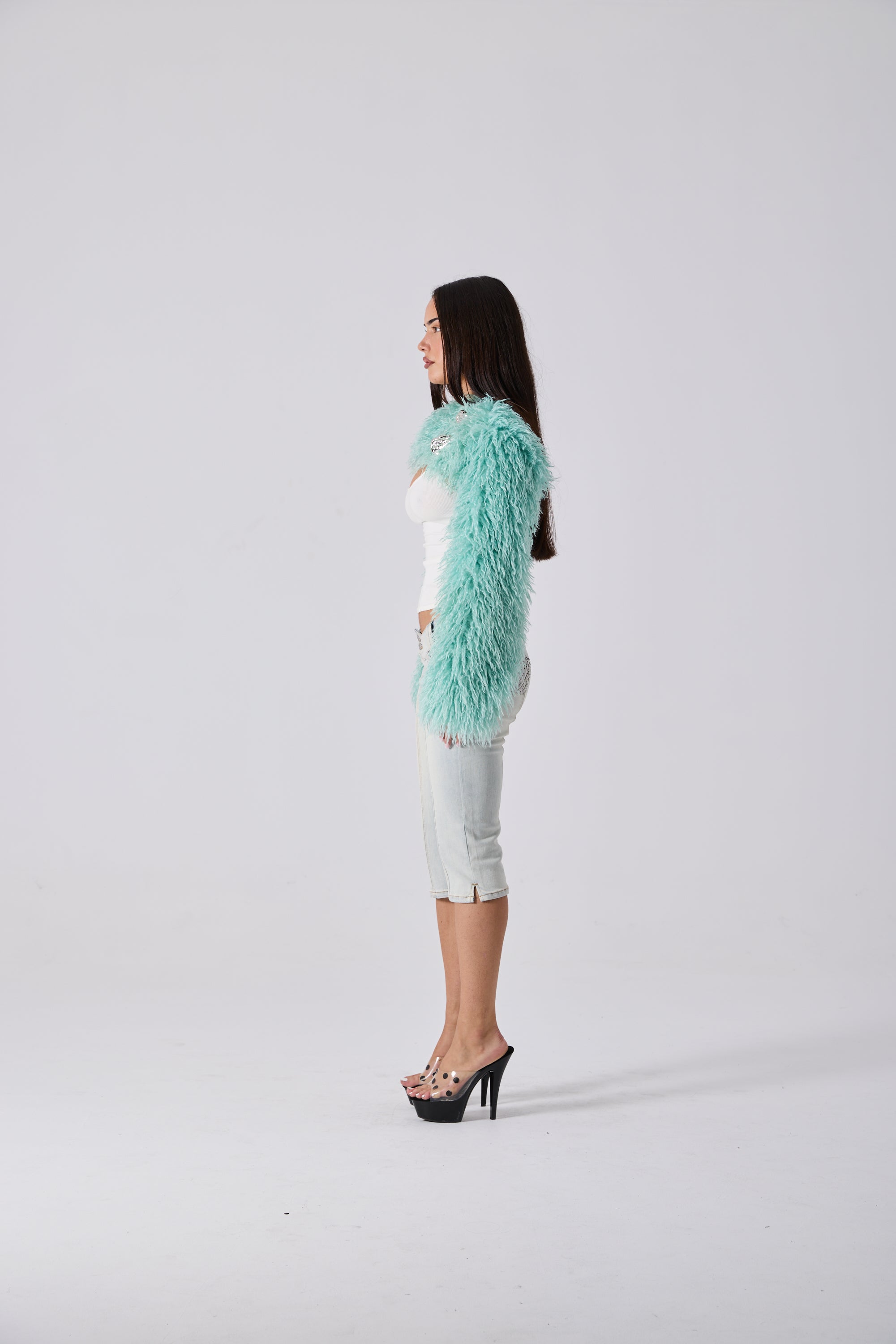 YAZMINE FAUX FUR SHRUG - TURQUOISE