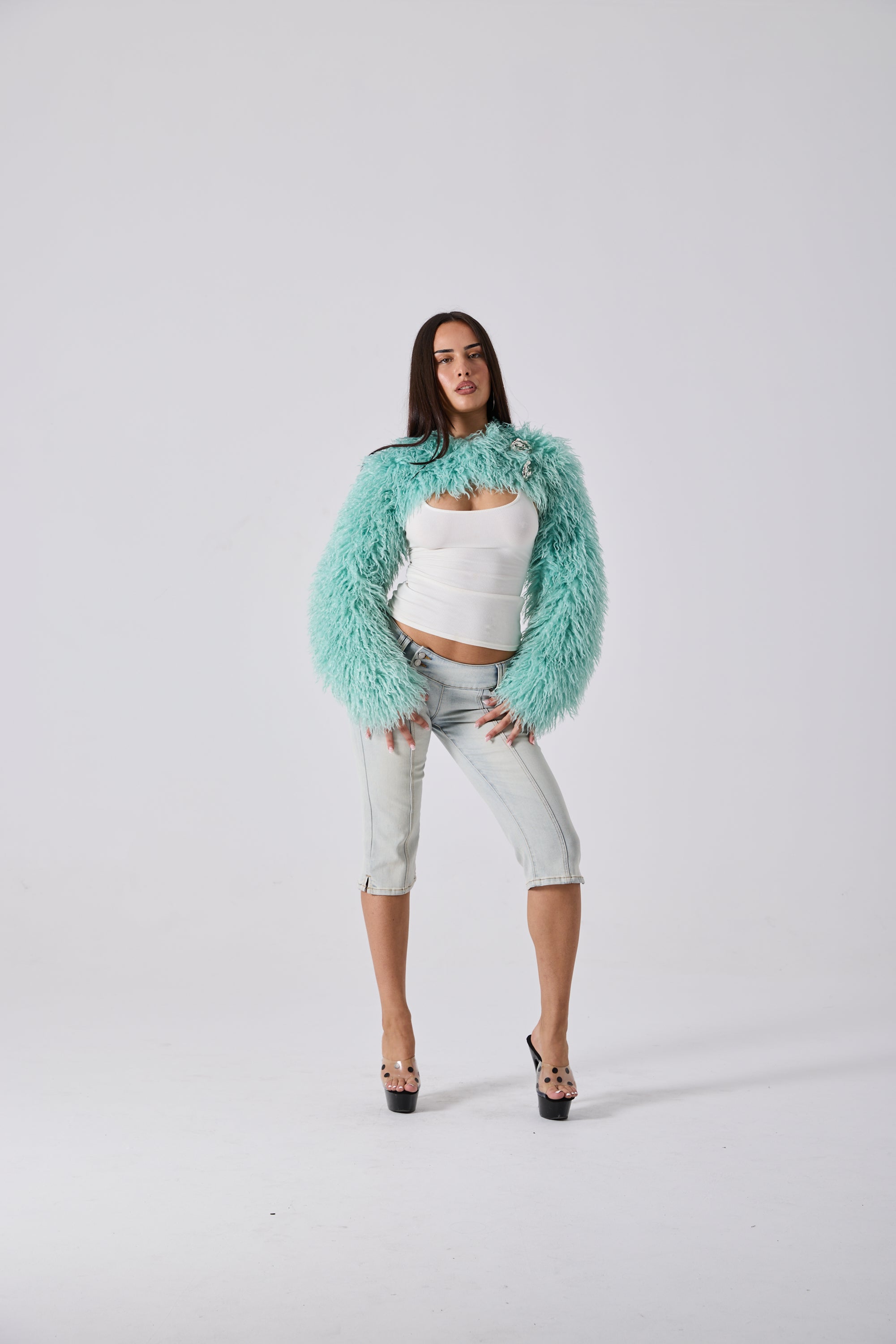 YAZMINE FAUX FUR SHRUG - TURQUOISE