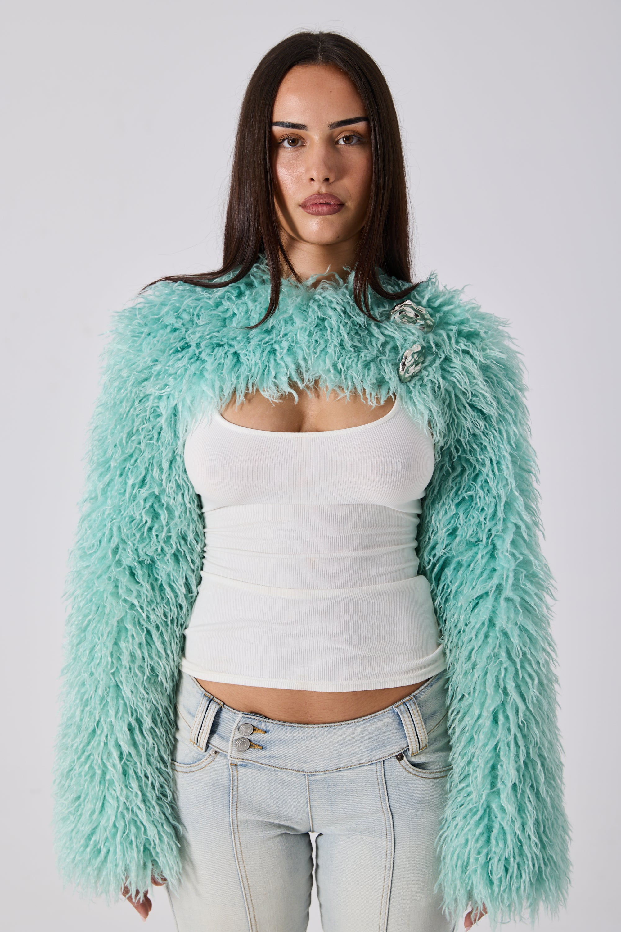 YAZMINE FAUX FUR SHRUG - TURQUOISE