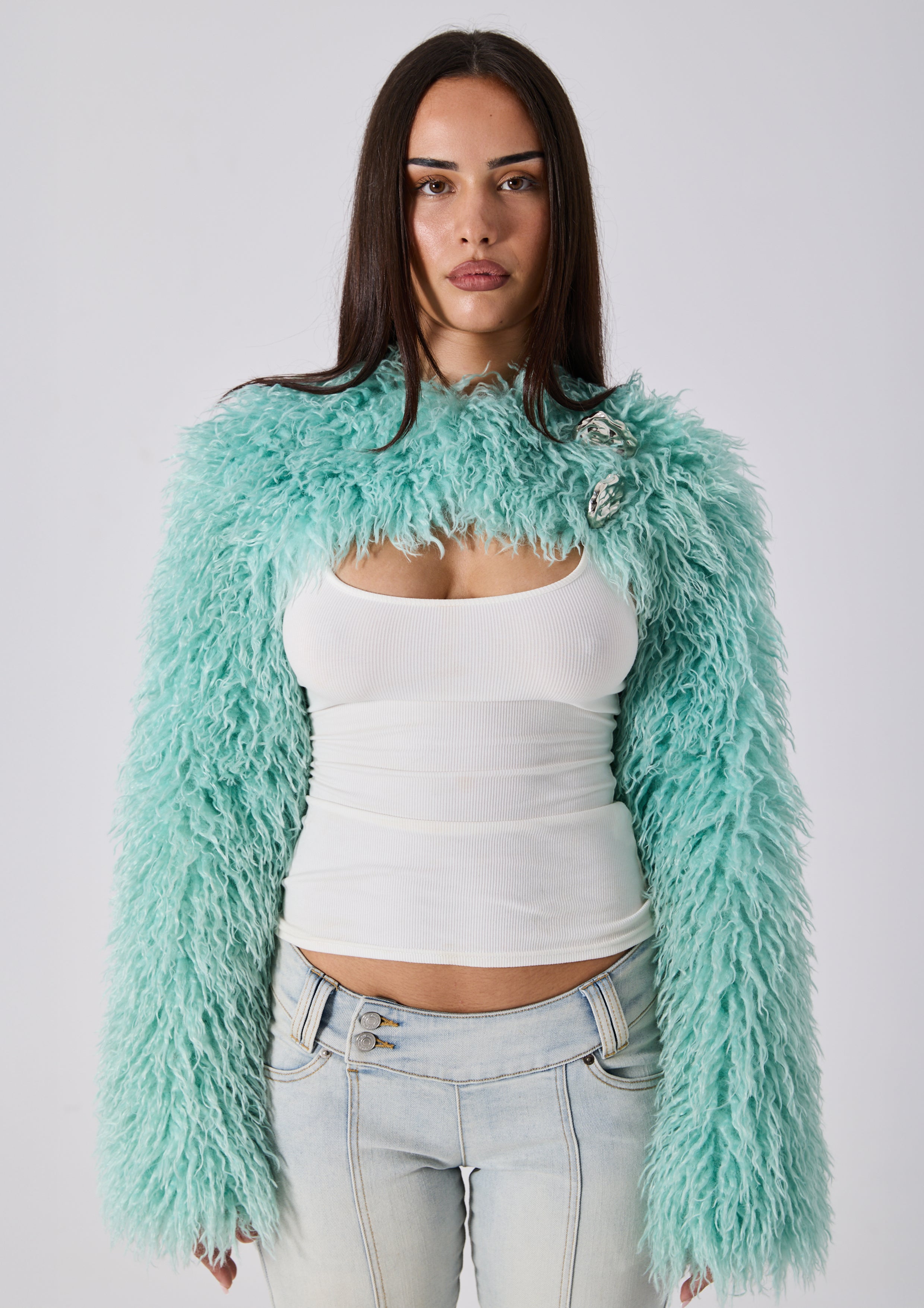 YAZMINE FAUX FUR SHRUG - TURQUOISE