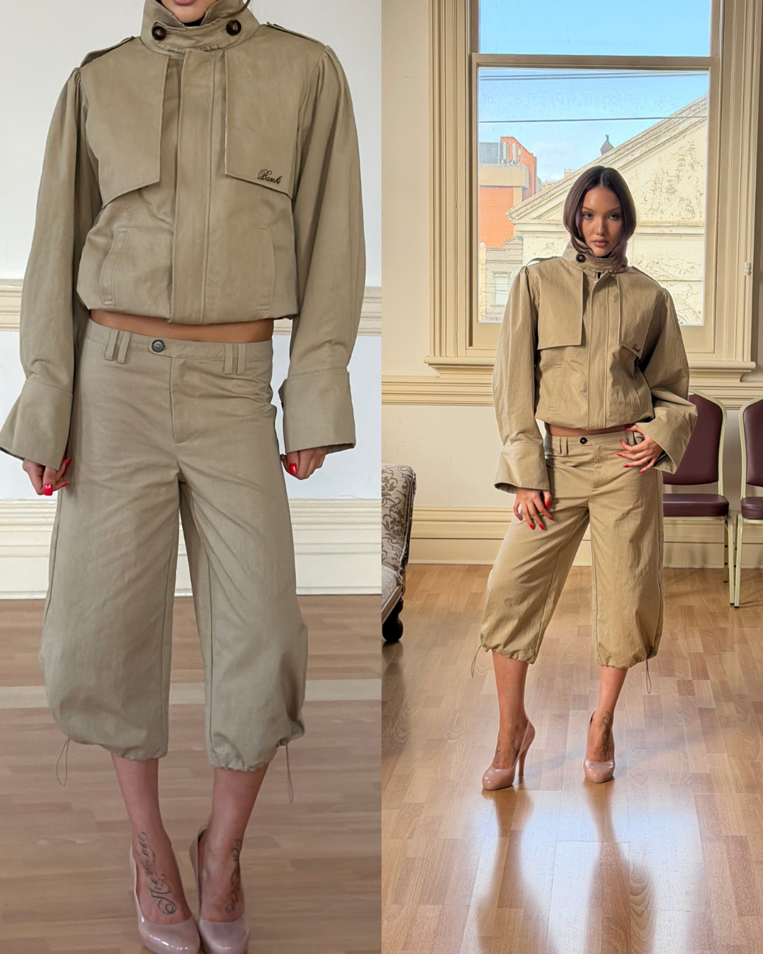 Selene Stone cropped pants shown on a model with the matching trench jacket, front and full-length views.